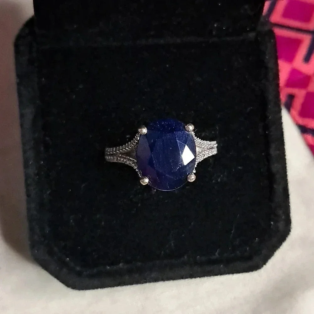 Blue Sapphire and Moissanite Ring in 925 Sterling Silver
